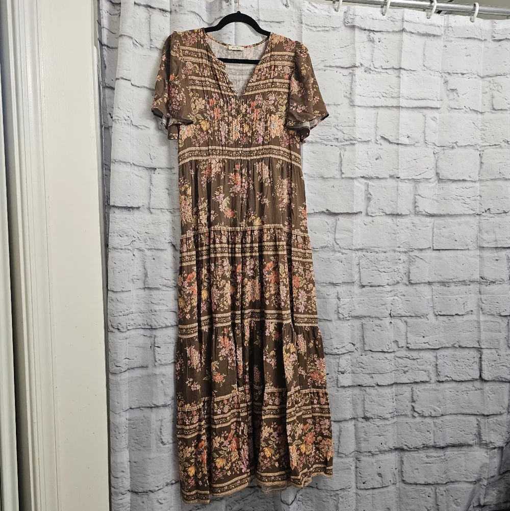Spell The Meadowland Flutter Sleeve Dress In Hazelnut Size Small - Picture 3 of 16
